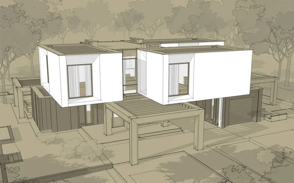 3d rendering sketch of modern cozy house in garden with garage for sale or rent. Black line sketch with white spot and hand drawing entourage on craft background.