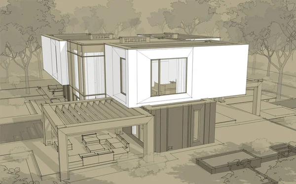 Rendering Sketch Modern Cozy House Garden Garage Sale Rent Black — Stock Photo, Image