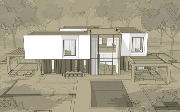 Desenho Renderização Casa Aconchegante Moderna Jardim Com Garagem Para Venda — Fotografia de Stock