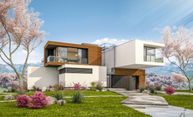 modern rahat ev Garaj ile nehrin 3D render. Çiçek açan bir bahçe ile taze bahar günü. Satılık ve Kiralık sakura arka plan üzerinde çiçekler ile.