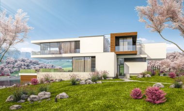 modern rahat ev Garaj ile nehrin 3D render. Çiçek açan bir bahçe ile taze bahar günü. Satılık ve Kiralık sakura arka plan üzerinde çiçekler ile.