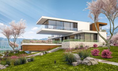 modern rahat ev Garaj ile nehrin 3D render. Çiçek açan bir bahçe ile taze bahar günü. Satılık ve Kiralık sakura arka plan üzerinde çiçekler ile.