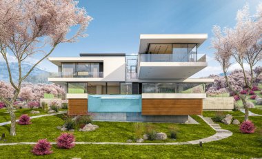 modern rahat ev Garaj ile nehrin 3D render. Çiçek açan bir bahçe ile taze bahar günü. Satılık ve Kiralık sakura arka plan üzerinde çiçekler ile.