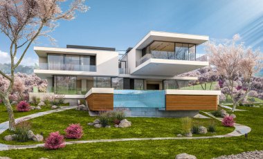modern rahat ev Garaj ile nehrin 3D render. Çiçek açan bir bahçe ile taze bahar günü. Satılık ve Kiralık sakura arka plan üzerinde çiçekler ile.