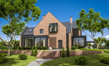 modern rahat klinker ev havuzları garaj ve havuzlu Satılık veya Kiralık güzel arka plan üzerinde peyzaj ile 3D render. Mavi gökyüzü ile açık güneşli yaz gün.