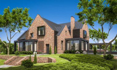 modern rahat klinker ev havuzları garaj ve havuzlu Satılık veya Kiralık güzel arka plan üzerinde peyzaj ile 3D render. Mavi gökyüzü ile açık güneşli yaz gün.