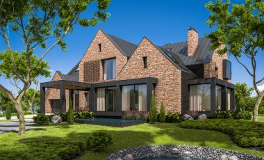 modern rahat klinker ev havuzları garaj ve havuzlu Satılık veya Kiralık güzel arka plan üzerinde peyzaj ile 3D render. Mavi gökyüzü ile açık güneşli yaz gün.