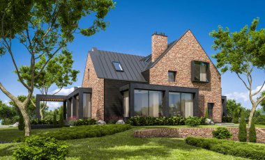 modern rahat klinker ev havuzları garaj ve havuzlu Satılık veya Kiralık güzel arka plan üzerinde peyzaj ile 3D render. Mavi gökyüzü ile açık güneşli yaz gün.