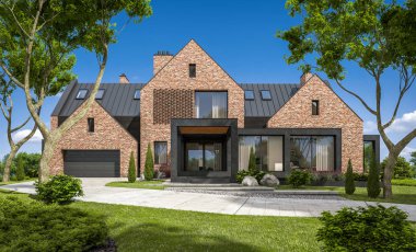 modern rahat klinker ev havuzları garaj ve havuzlu Satılık veya Kiralık güzel arka plan üzerinde peyzaj ile 3D render. Mavi gökyüzü ile açık güneşli yaz gün.