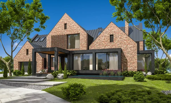 modern rahat klinker ev havuzları garaj ve havuzlu Satılık veya Kiralık güzel arka plan üzerinde peyzaj ile 3D render. Mavi gökyüzü ile açık güneşli yaz gün.