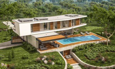 modern rahat ev tepenin garaj ve havuzlu Satılık veya Kiralık güzel arka plan üzerinde peyzaj ile 3D render. Mavi gökyüzü ile açık güneşli yaz gün.