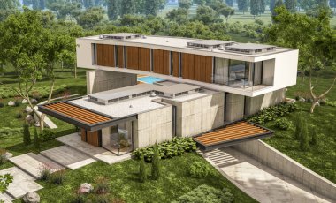 modern rahat ev tepenin garaj ve havuzlu Satılık veya Kiralık güzel arka plan üzerinde peyzaj ile 3D render. Mavi gökyüzü ile açık güneşli yaz gün.