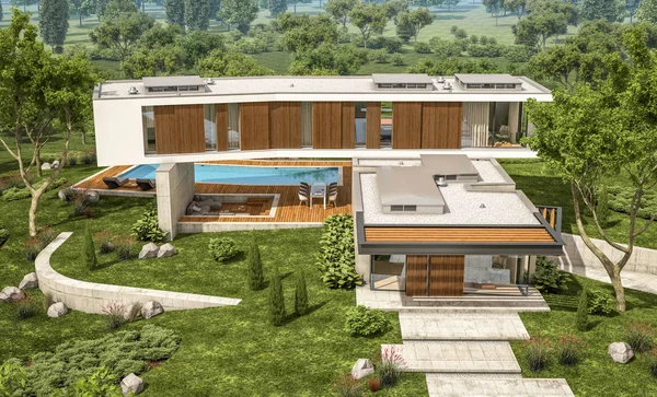 3d rendering of modern cozy house on the hill with garage and pool for sale or rent with beautiful landscaping on background. Clear sunny summer day with blue sky.