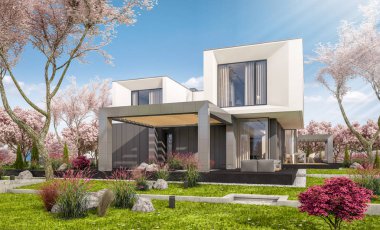 modern bahar bahçe evde 3D render