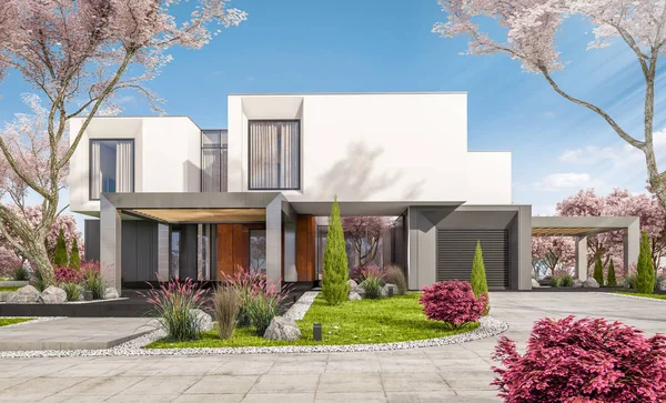 3d rendering of modern house in the spring garden — Stock Photo, Image