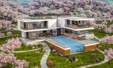 Nehrin yanında modern ev 3D render bahar