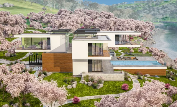 3D-Rendering des modernen Hauses am Fluss im Frühling — Stockfoto