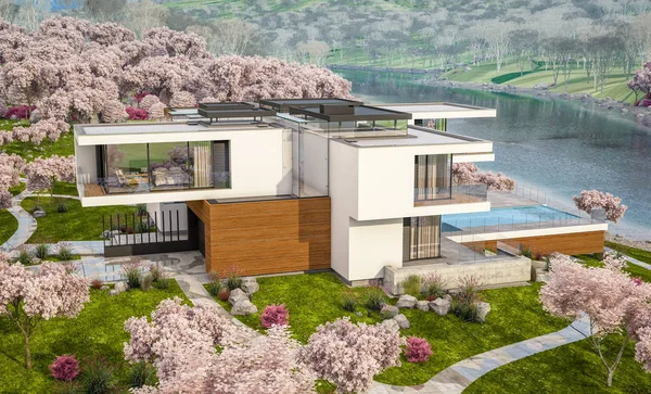 3D-Rendering des modernen Hauses am Fluss im Frühling — Stockfoto