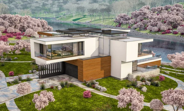 Renderingu 3D nowoczesny dom nad rzeką na wiosnę — Zdjęcie stockowe