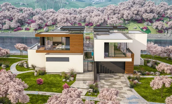 3D-rendering van modern huis aan de rivier in het voorjaar — Stockfoto