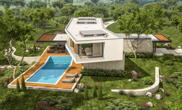 3D Rendering von modernem Haus auf dem Hügel mit Pool — Stockfoto