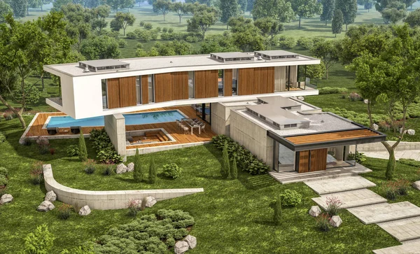 3D Rendering von modernem Haus auf dem Hügel mit Pool — Stockfoto