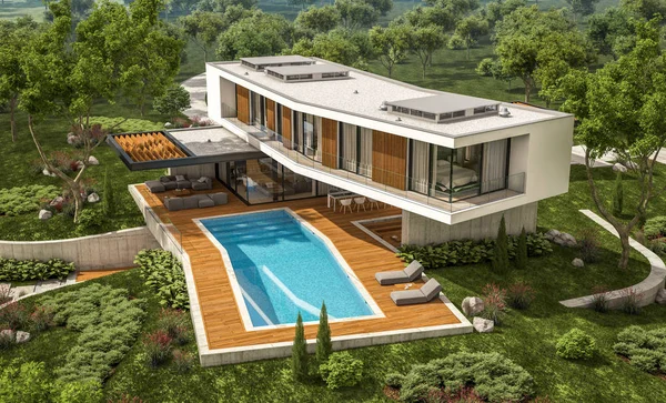 3D vykreslování moderního domu na kopci s bazénem — Stock fotografie