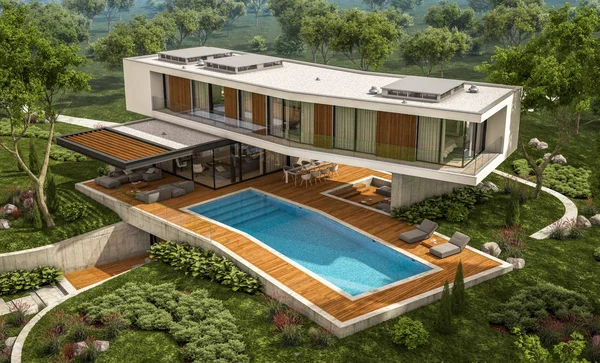 3D-rendering van moderne huis op de heuvel met zwembad — Stockfoto