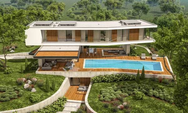 3D Rendering von modernem Haus auf dem Hügel mit Pool — Stockfoto