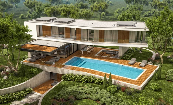 Τρισδιάστατη απεικόνιση του σύγχρονο σπίτι στο λόφο με πισίνα — Φωτογραφία Αρχείου