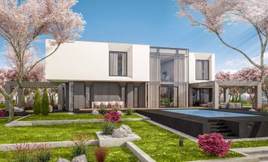 modern bahar bahçe evde 3D render