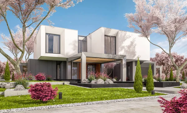 3D-Rendering des modernen Hauses im Frühlingsgarten — Stockfoto