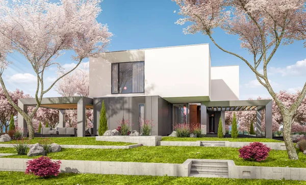 3d representación de la casa moderna en el jardín de primavera — Foto de Stock