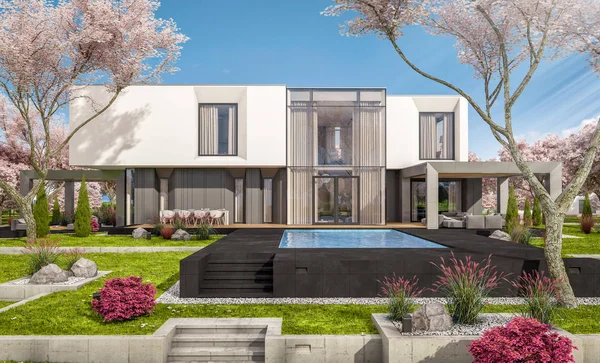 3D-rendering van modern huis in de lentetuin — Stockfoto