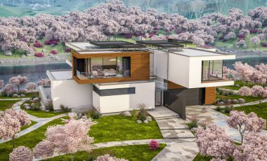Nehrin yanında modern ev 3D render bahar