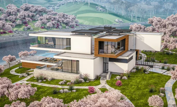 3D-rendering van modern huis aan de rivier in het voorjaar — Stockfoto