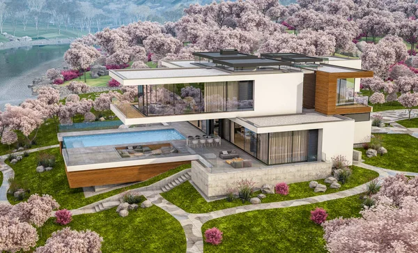 3D-Rendering des modernen Hauses am Fluss im Frühling — Stockfoto
