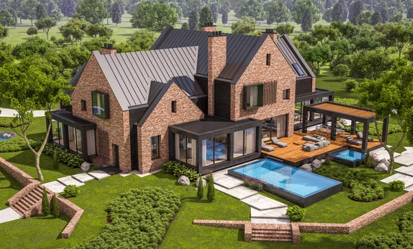 3D-Rendering des modernen Klinkerhauses an den Teichen mit Pool — Stockfoto