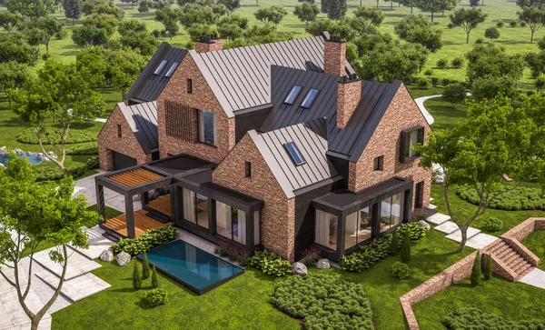 3D-rendering van moderne klinker huis op de vijvers met zwembad — Stockfoto