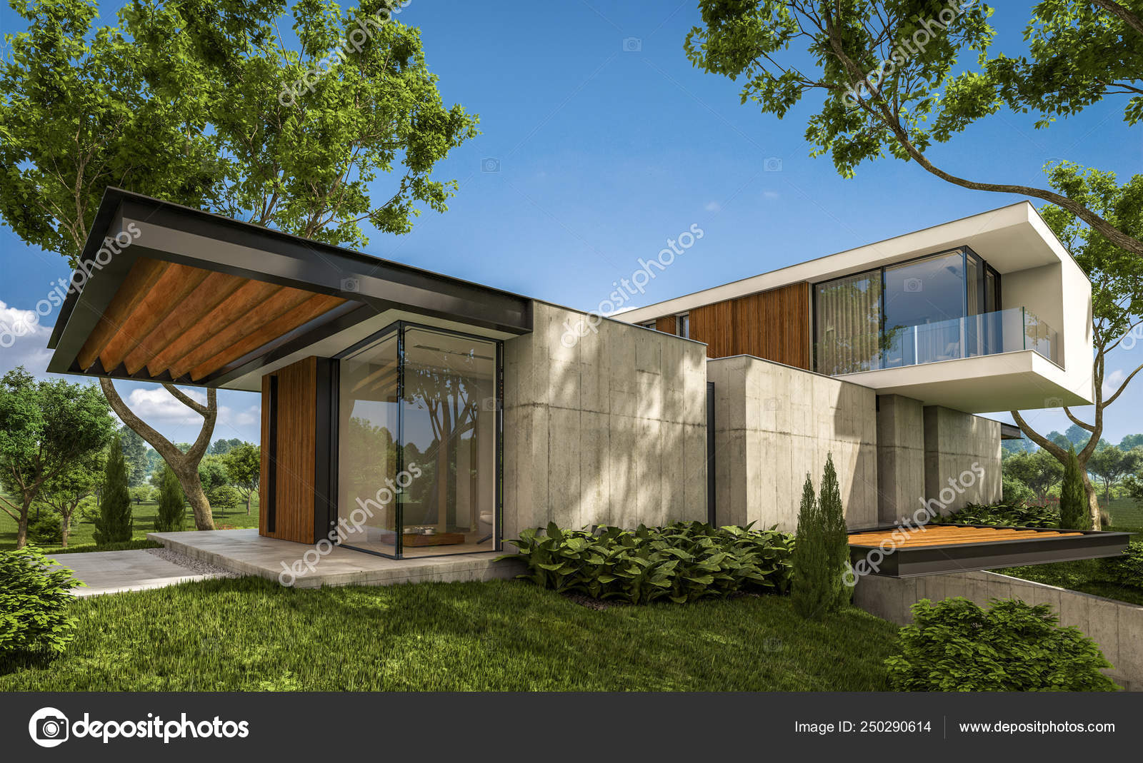 3d irenderingi of imoderni ihousei on the hill with pool a Stock 