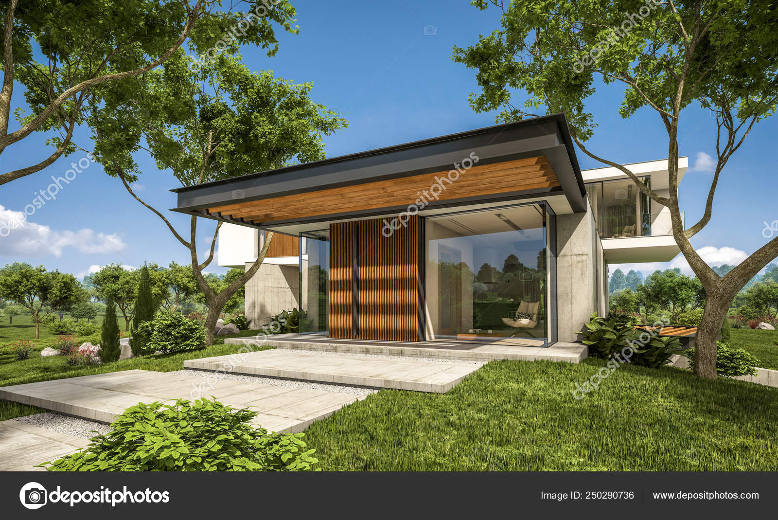 3d Rendering Modernes Haus Auf Dem Hugel Mit Pool Stockfoto