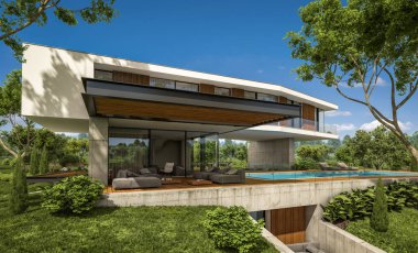 modern ev havuzlu tepede 3D render