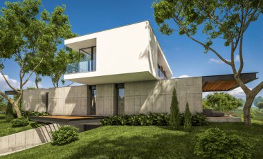 modern ev havuzlu tepede 3D render