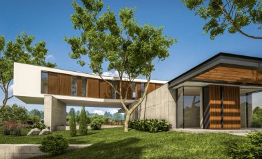 modern ev havuzlu tepede 3D render