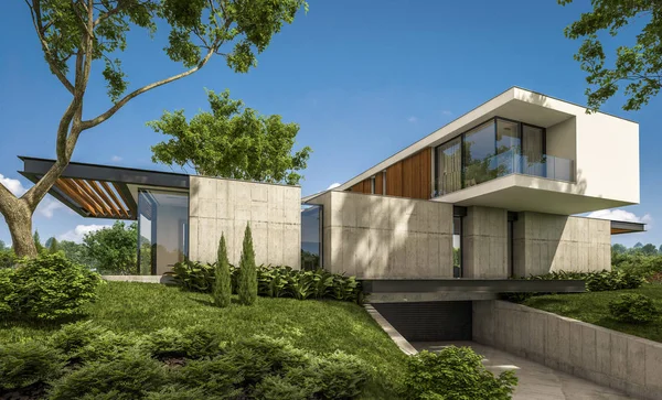 Redare 3D a casei moderne pe deal cu piscină — Fotografie, imagine de stoc
