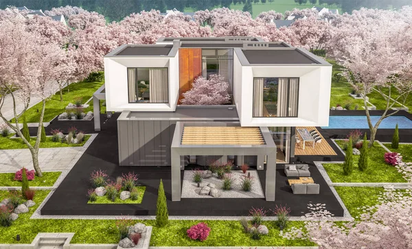 3D рендеринг современного дома в весеннем саду — стоковое фото