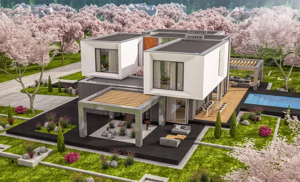 3D-rendering van modern huis in de lentetuin — Stockfoto
