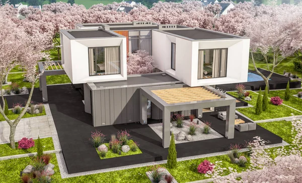 3d representación de la casa moderna en el jardín de primavera — Foto de Stock