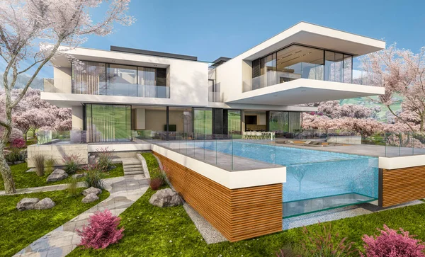 3D-rendering van modern huis aan de rivier in het voorjaar — Stockfoto