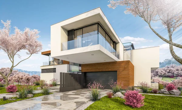 3d representación de la casa moderna por el río en primavera — Foto de Stock